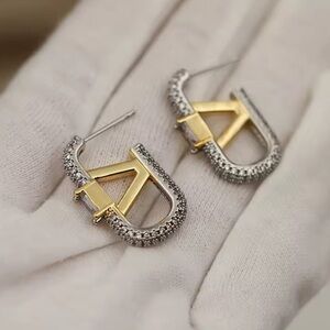 V Logo Luxury Designer Two-Tone Gold & Silver Pave Crystal Drop Hoop Earrings